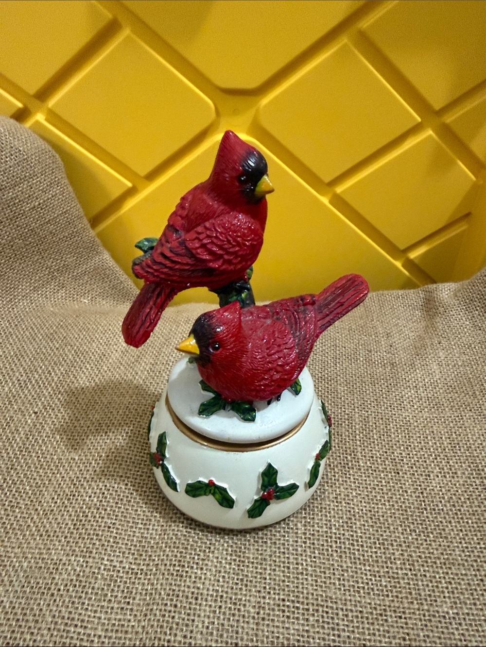 Red Cardinal Pair Music Box with Green Holly Accents.
